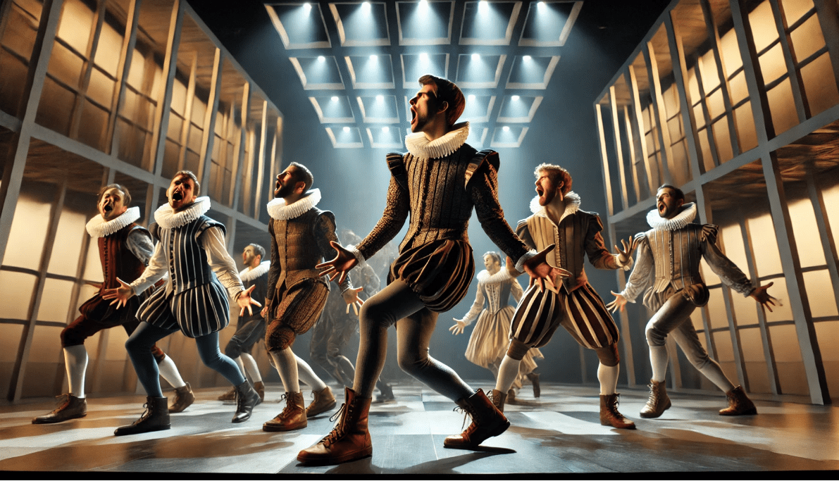 Modern theatre performance with Shakespearean influence in costume, lighting, and acting