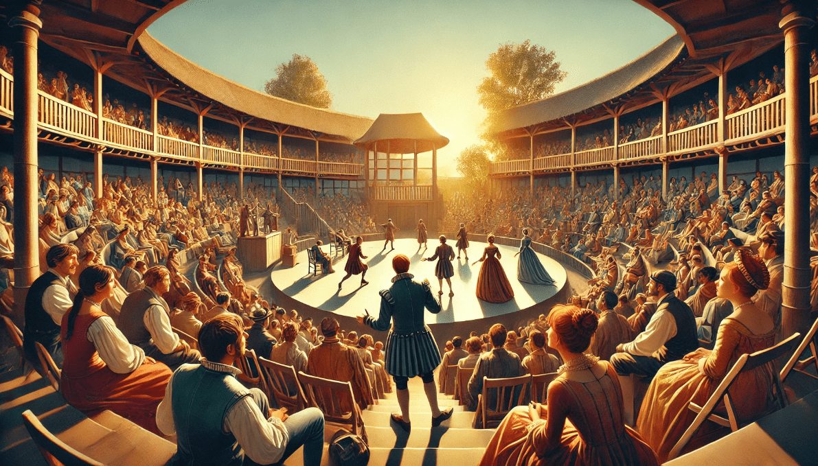 Actors performing on a minimalist open-air circular stage like the Globe Theatre, showcasing Shakespeare's innovative approach to stage design and audience interaction.