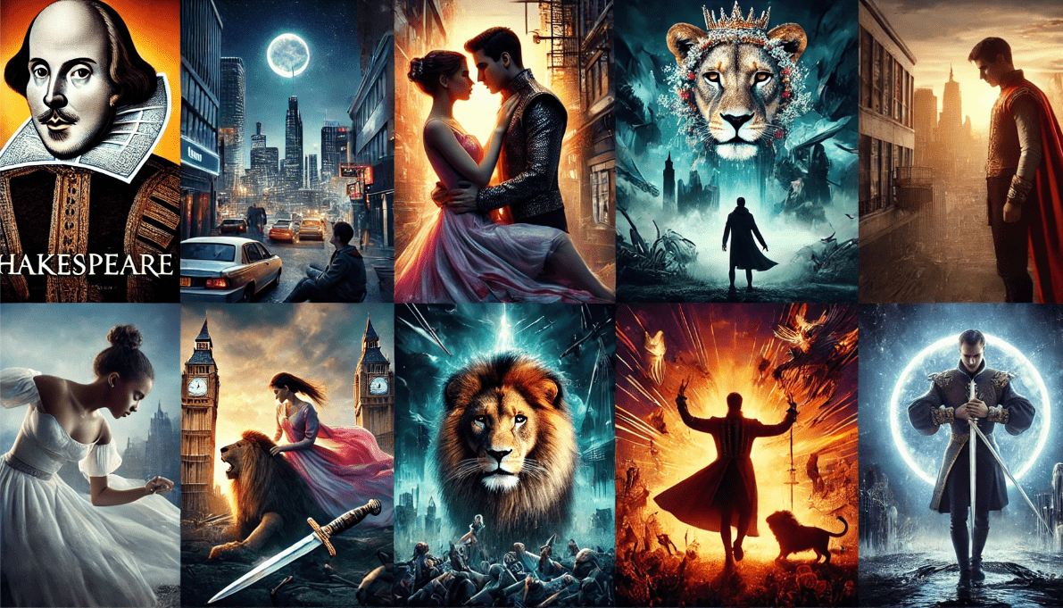 Features scenes of a passionate urban romance, a coming-of-age story with a lion representing themes of power and fate, and a haunting royal figure with a dagger, capturing the essence of Shakespeare’s works in modern interpretations