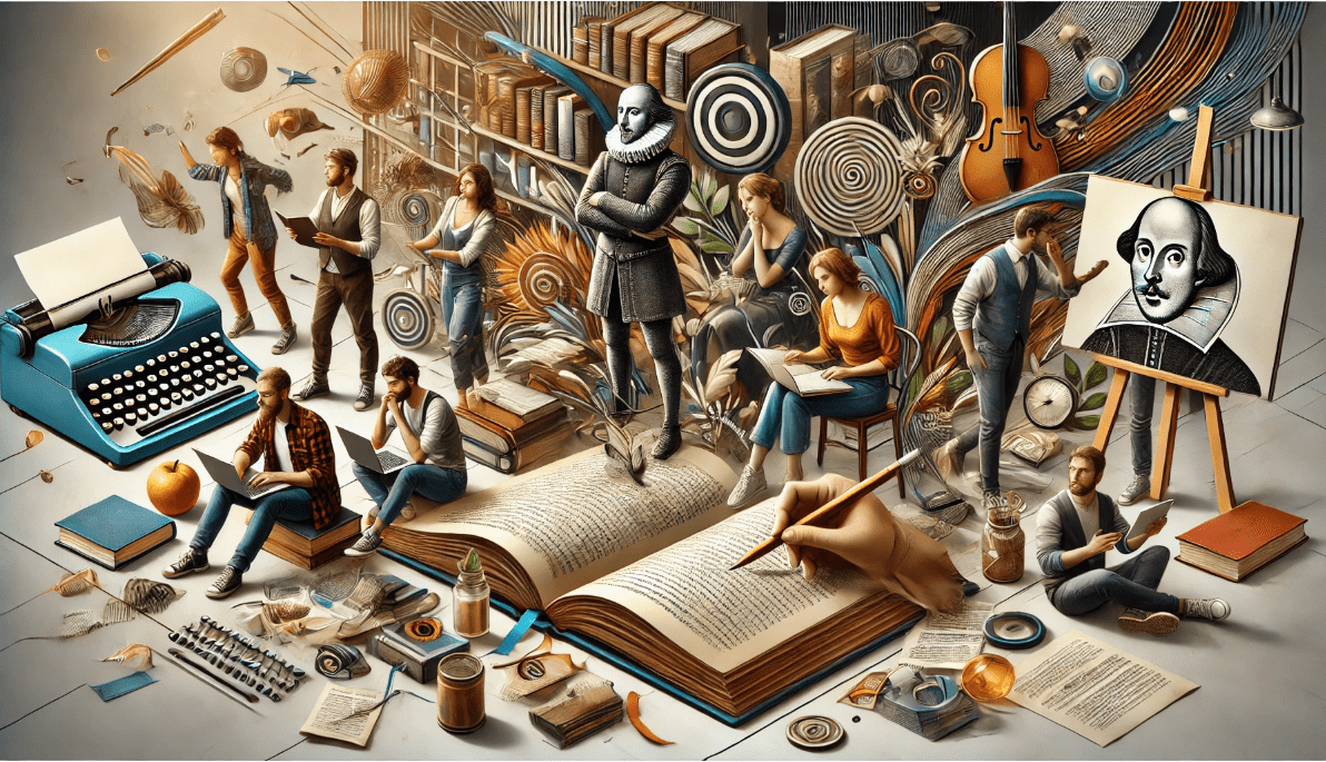 A modern-day storyteller or speaker reflecting on the timeless lessons from Shakespeare’s work, highlighting creativity, emotional depth, and effective communication