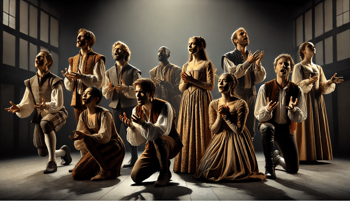 Actors performing a Shakespearean soliloquy on stage with powerful emotional expressions, in period costumes, creating an intense atmosphere of introspection