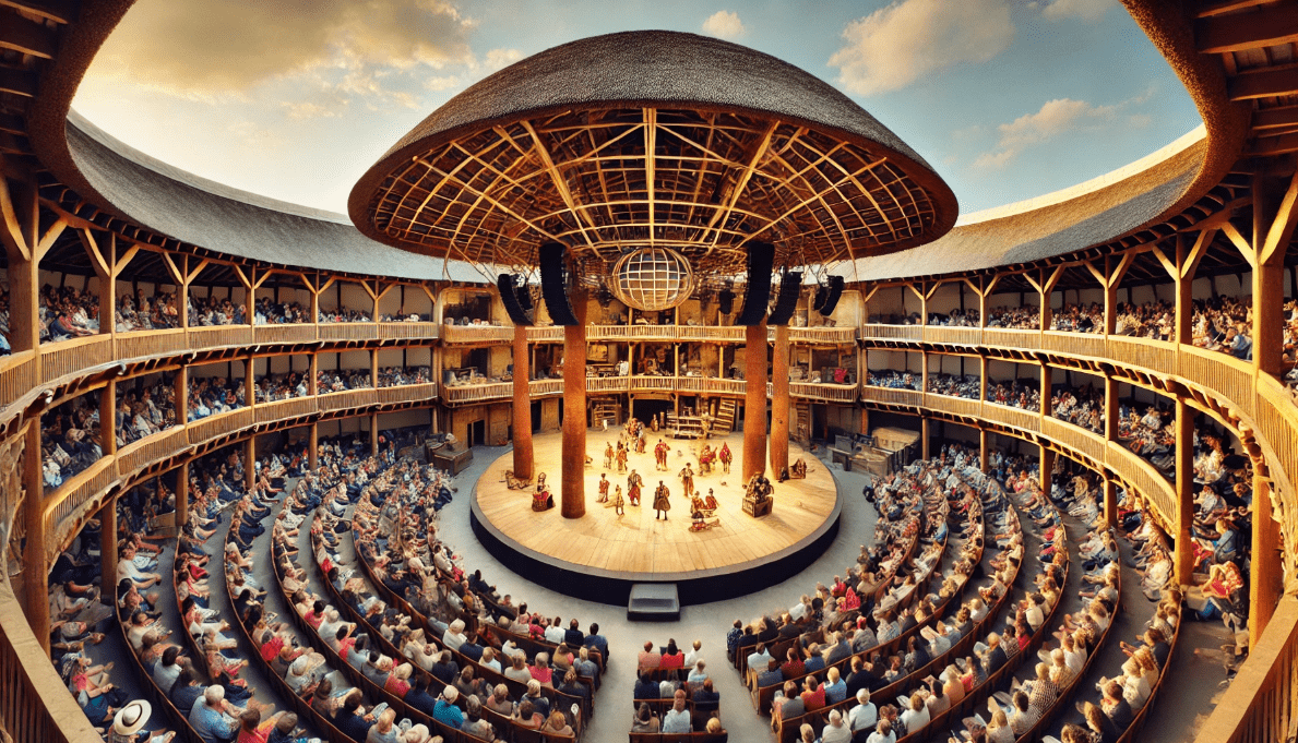 Illustration of the Globe Theatre showing actors performing on a circular stage with minimal props, an open-air design, and a surrounding audience.