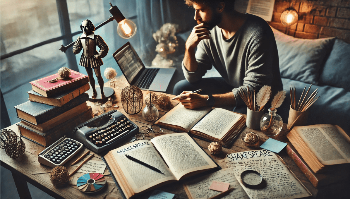 Modern creative professional reflecting on Shakespeare's works with notes and brainstorming materials, applying his timeless lessons to contemporary storytelling.