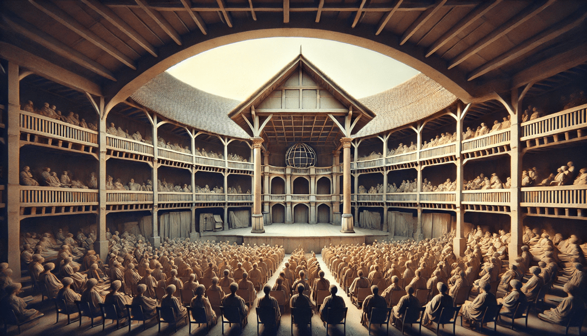 Globe Theatre with a minimalist stage and audience surrounding it, illustrating Shakespeare's use of space in theatre.