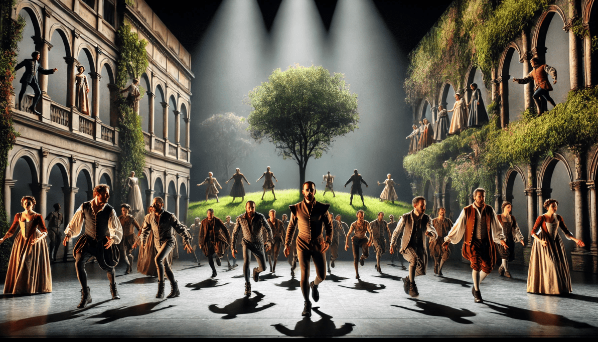 Dynamic Shakespearean Actors Transitioning Across Minimalist Staging