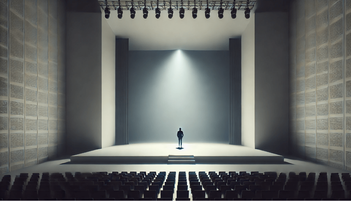 Minimalist theatre stage with a lone actor standing in the center, highlighting the emotional impact of empty space in Shakespearean staging.
