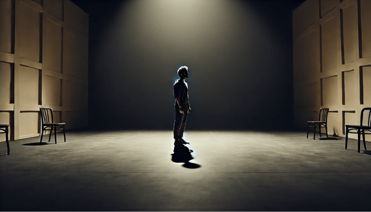Hamlet soliloquy in a vast, dark space, symbolizing emotional isolation and internal conflict
