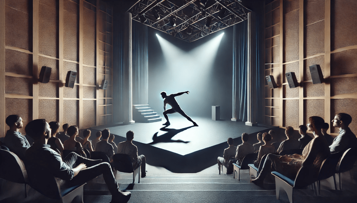 Modern theatre performance influenced by Shakespearean stagecraft with minimalist set design, expressive physicality, and audience engagement