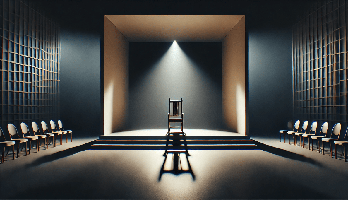 Minimalist stage design influenced by Shakespeare, featuring a single prop and dramatic lighting to enhance atmosphere