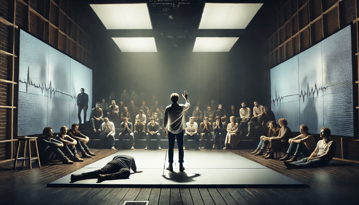 Actor engaging with audience in modern theatre, showcasing minimalist set design and powerful use of lighting