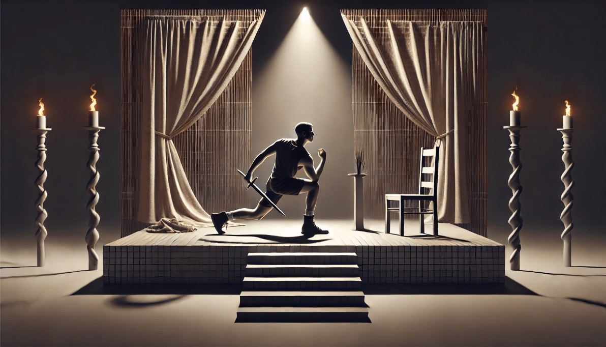 Minimalist stage design with symbolic props and deliberate actor movement inspired by Shakespearean stagecraft