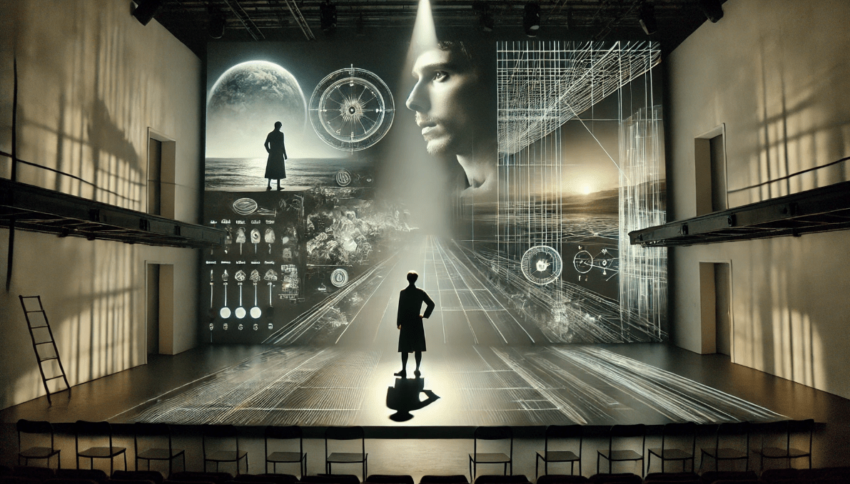 Futuristic theatre combining digital projections and minimalist set design, inspired by Shakespearean stagecraft.