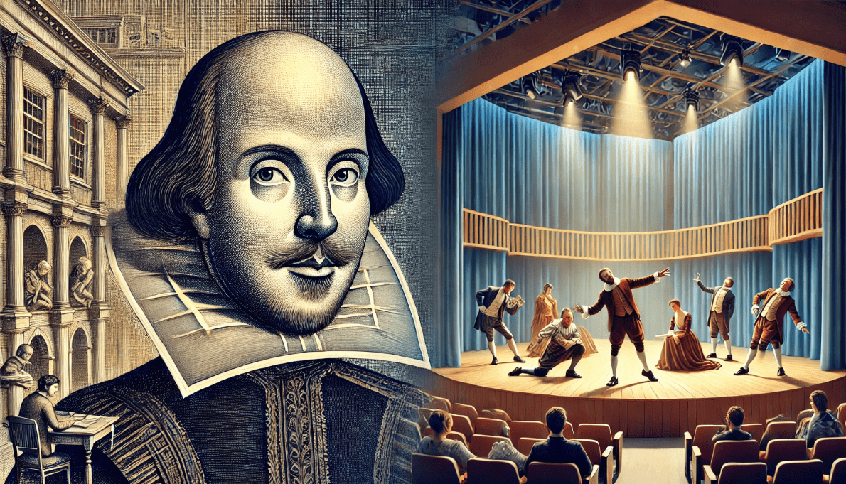 Old-fashioned pre-Shakespearean theatre with exaggerated gestures, simple costumes, and minimal set design