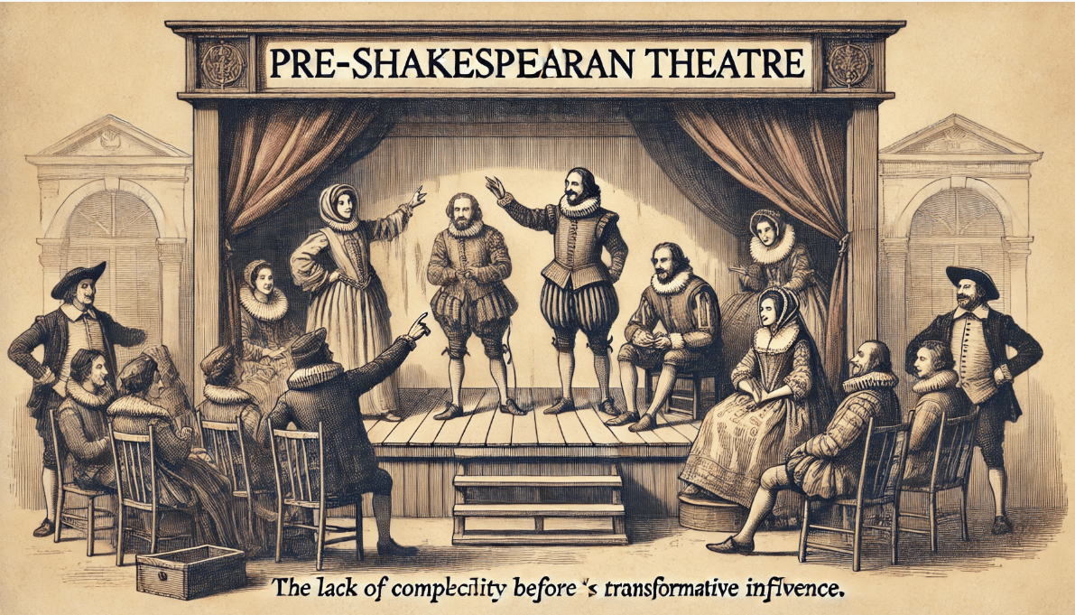 Old-fashioned pre-Shakespearean theatre with exaggerated gestures, simple costumes, and minimal set design
