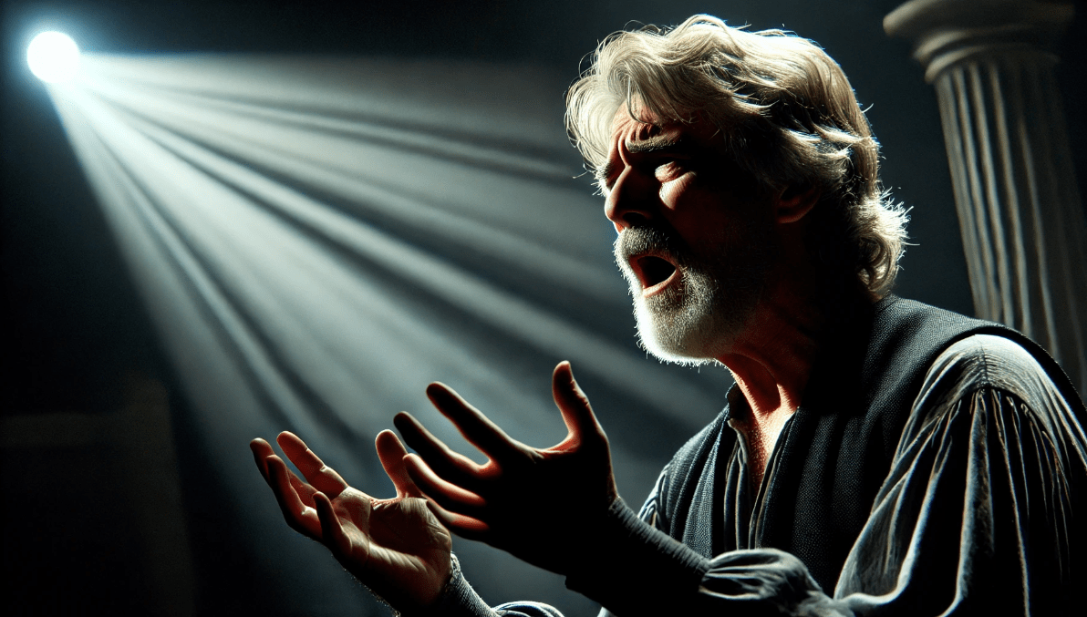 Actor performing a Shakespearean soliloquy on stage, highlighting the emotional depth of Shakespeare’s characters.