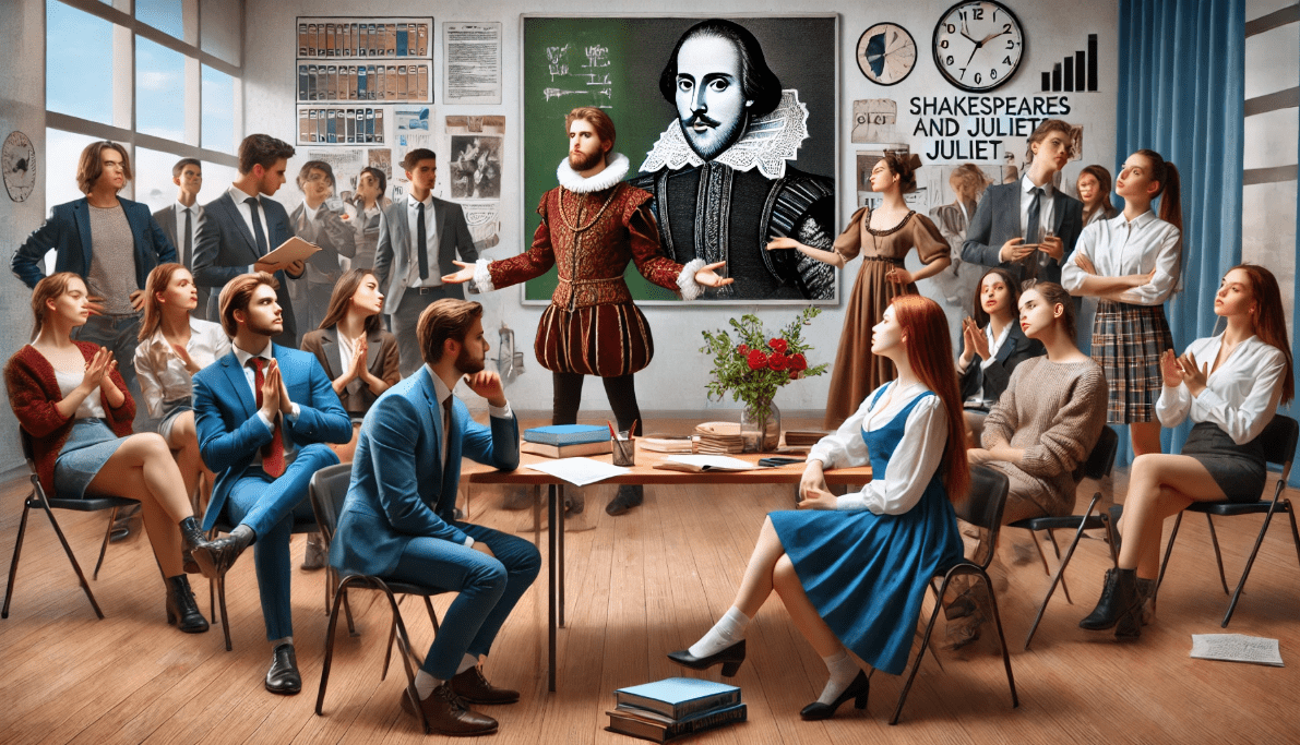 Modern adaptation of Shakespeare's Romeo and Juliet set in a high school, showcasing contemporary reinterpretations of his works