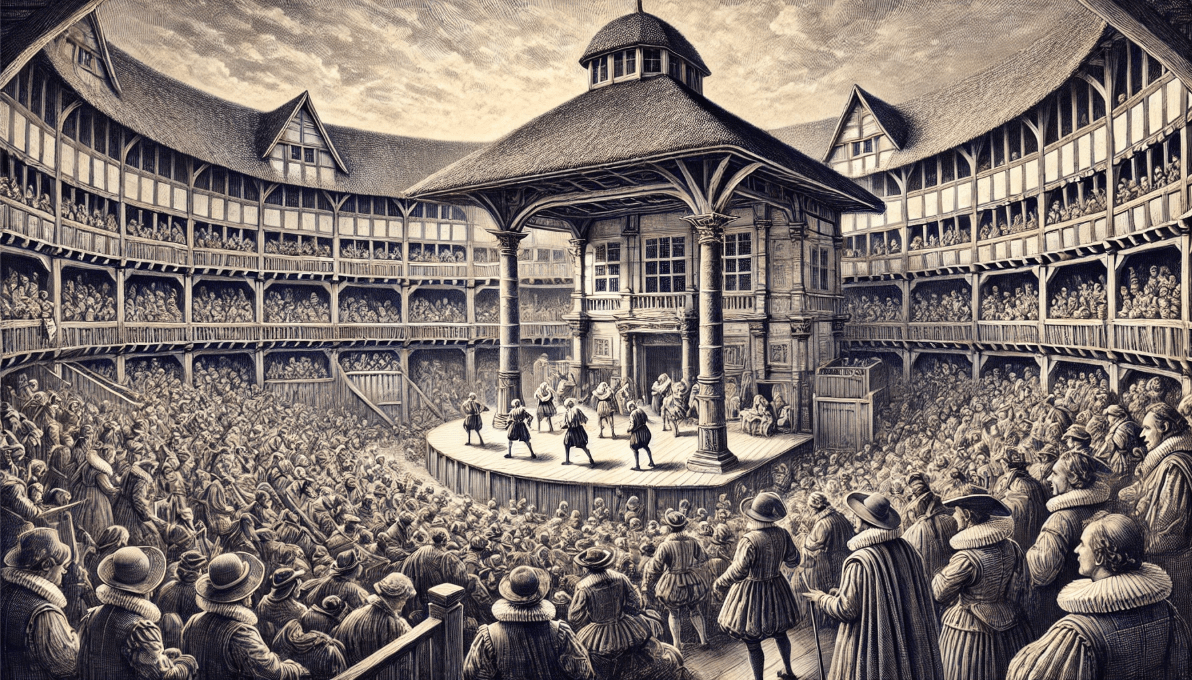 The Globe Theatre in Elizabethan England, with actors performing on an open-air stage and a lively crowd of spectators, highlighting the architectural beauty and audience interaction.