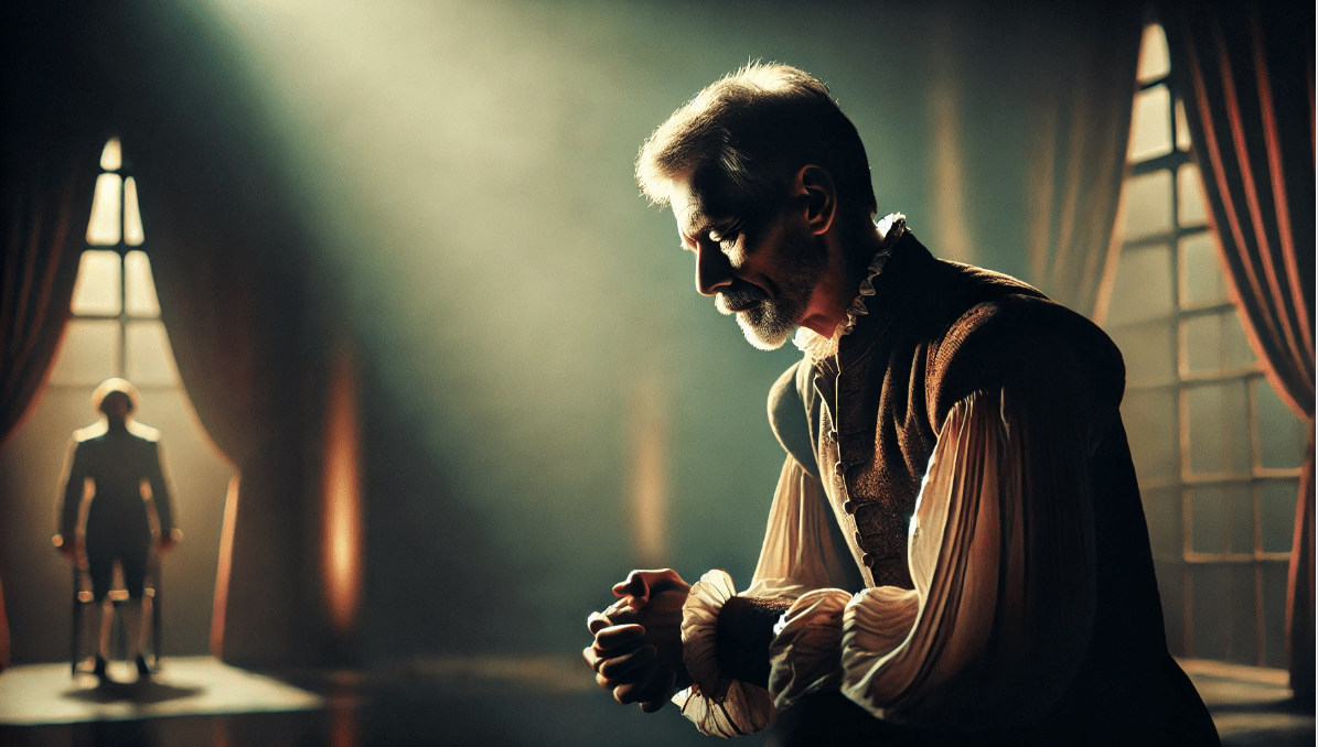 An actor performing the 'To be or not to be' soliloquy from Shakespeare’s Hamlet, in a dramatic stage setting with dim lighting and a reflective atmosphere