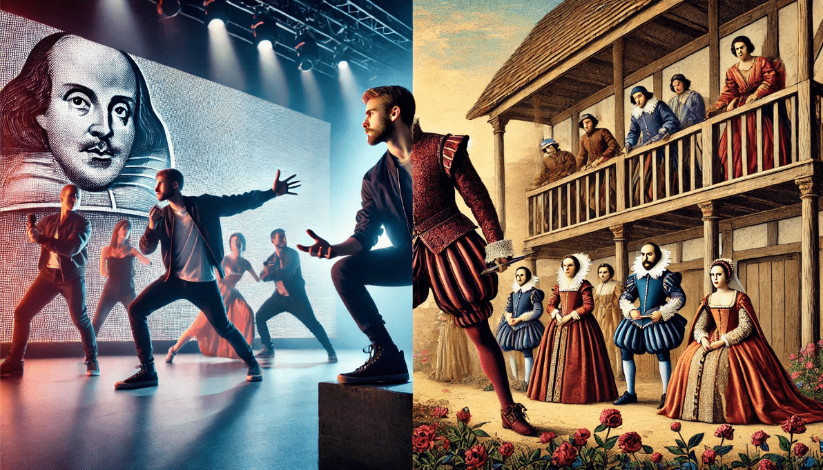 A modern theater production alongside a Shakespearean play, illustrating the timeless influence of Shakespeare on contemporary theater