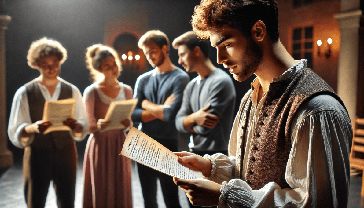 Actors rehearsing a Shakespearean monologue, focusing on language and emotional depth in performance