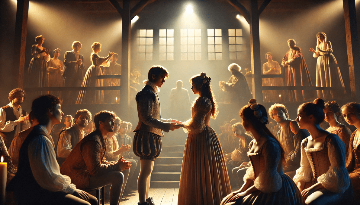 Immersive theater performance where the audience is part of the action, drawing from Shakespeare’s innovative techniques.