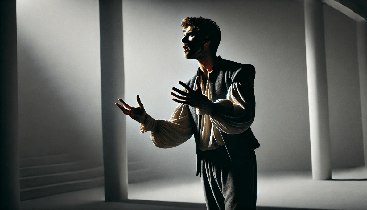 Modern actor performing a Shakespearean soliloquy, showcasing the emotional depth and acting techniques influenced by Shakespeare