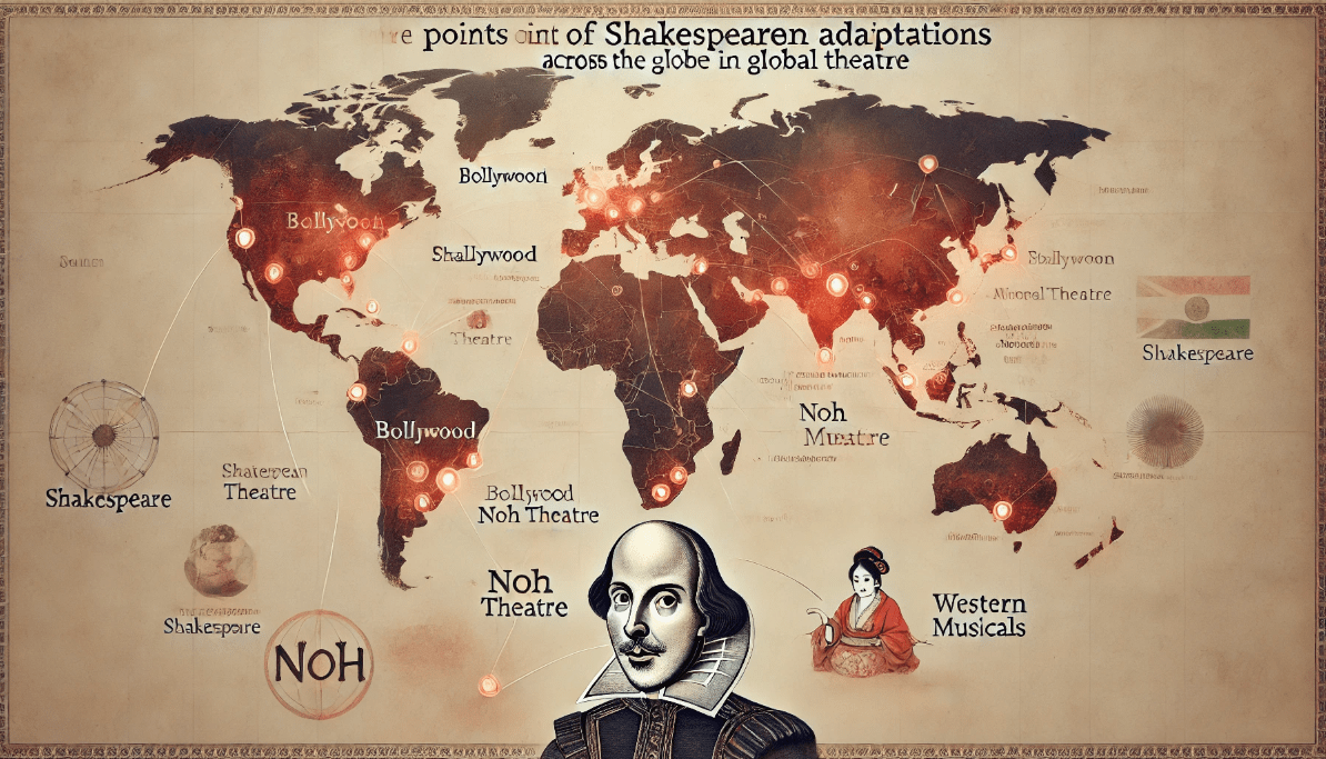 Shakespeare's global influence, with cultural adaptations across the world, from Bollywood to Noh Theatre