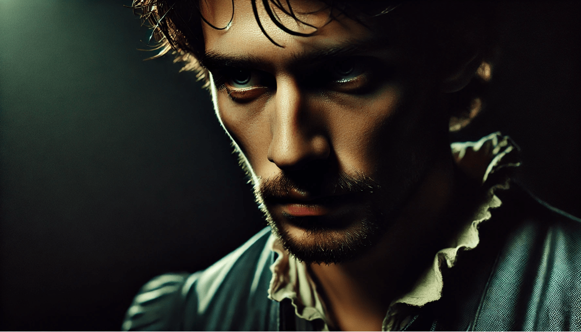 Actor portraying a Shakespearean character, showing the emotional depth and psychological complexity influenced by Shakespeare's character creation.