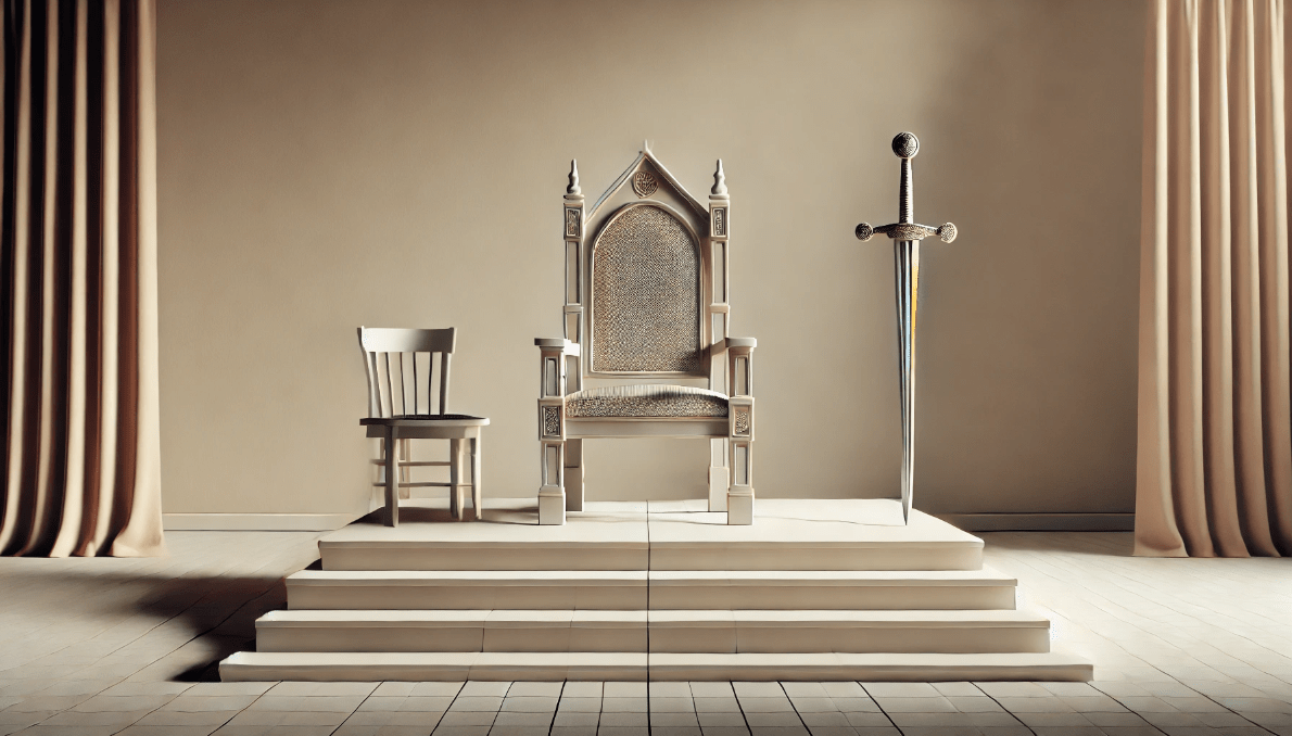 Minimalist stage setup with symbolic props in a Shakespearean play.