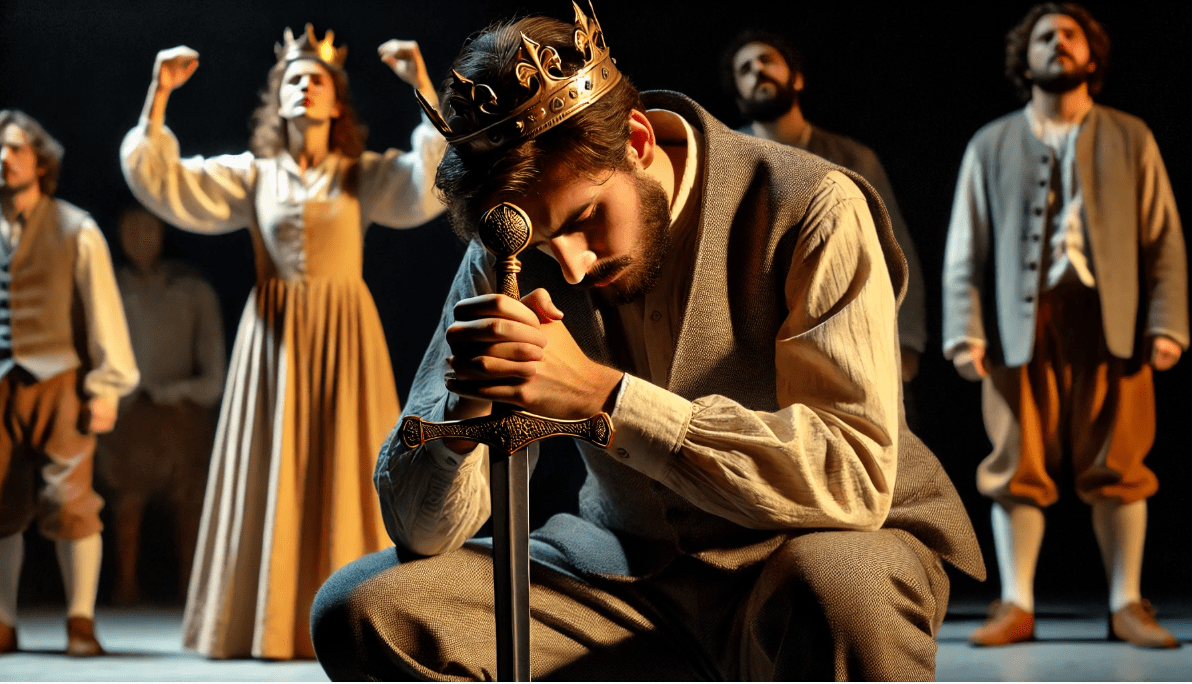 Actors using expressive body language and minimal props in a Shakespearean play