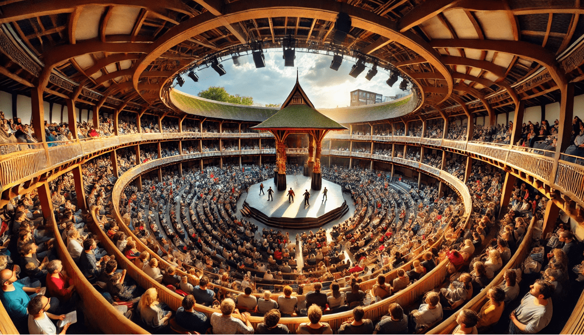 The Globe Theatre with its open-air, thrust stage design and surrounding audience
