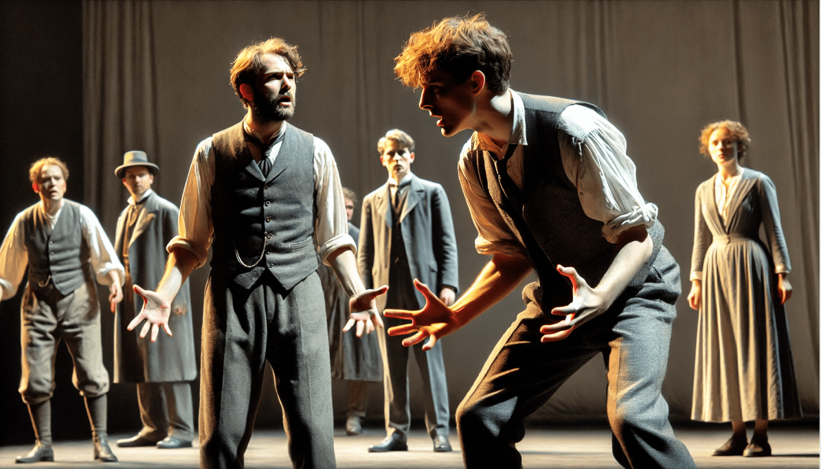Actors expressing emotion through movement and gestures on a simple stage.