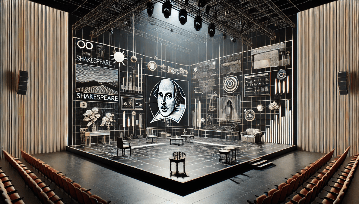 Modern theatre stage blending minimalist design and digital projections.