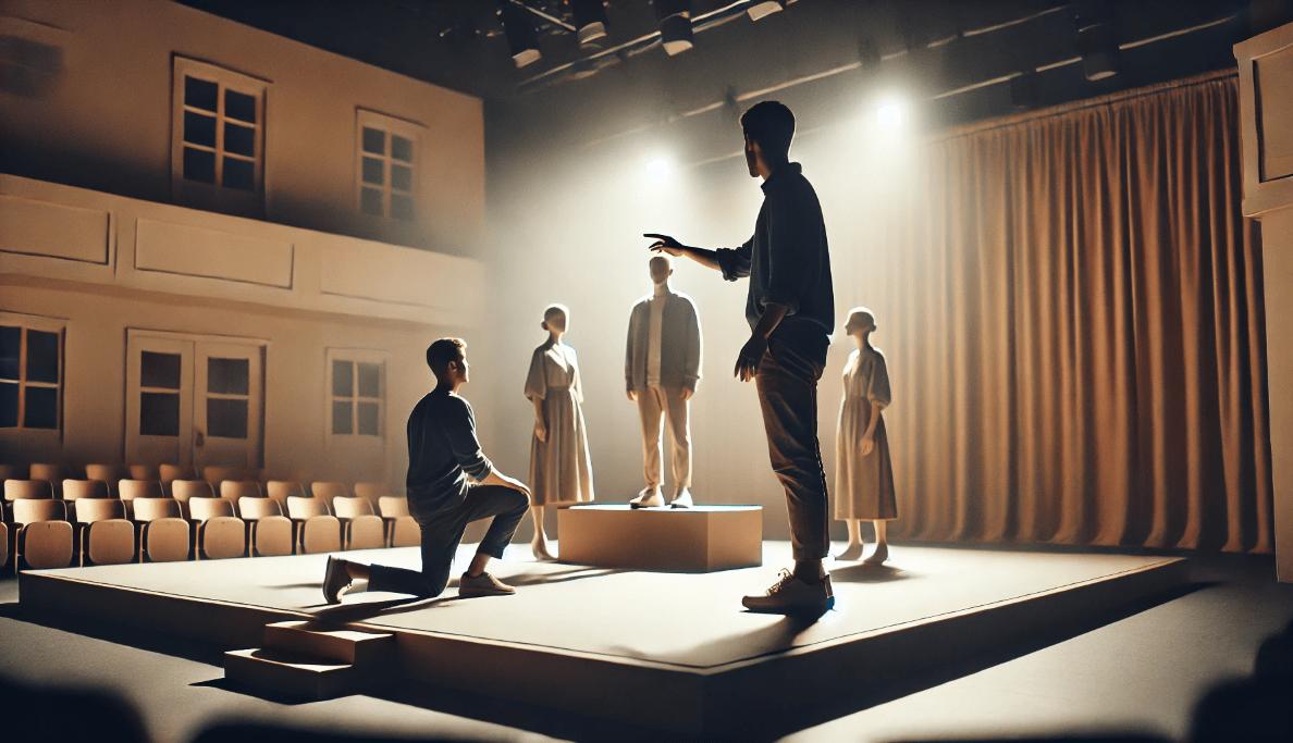 Theatre director using blocking techniques with actors on a minimalist stage.