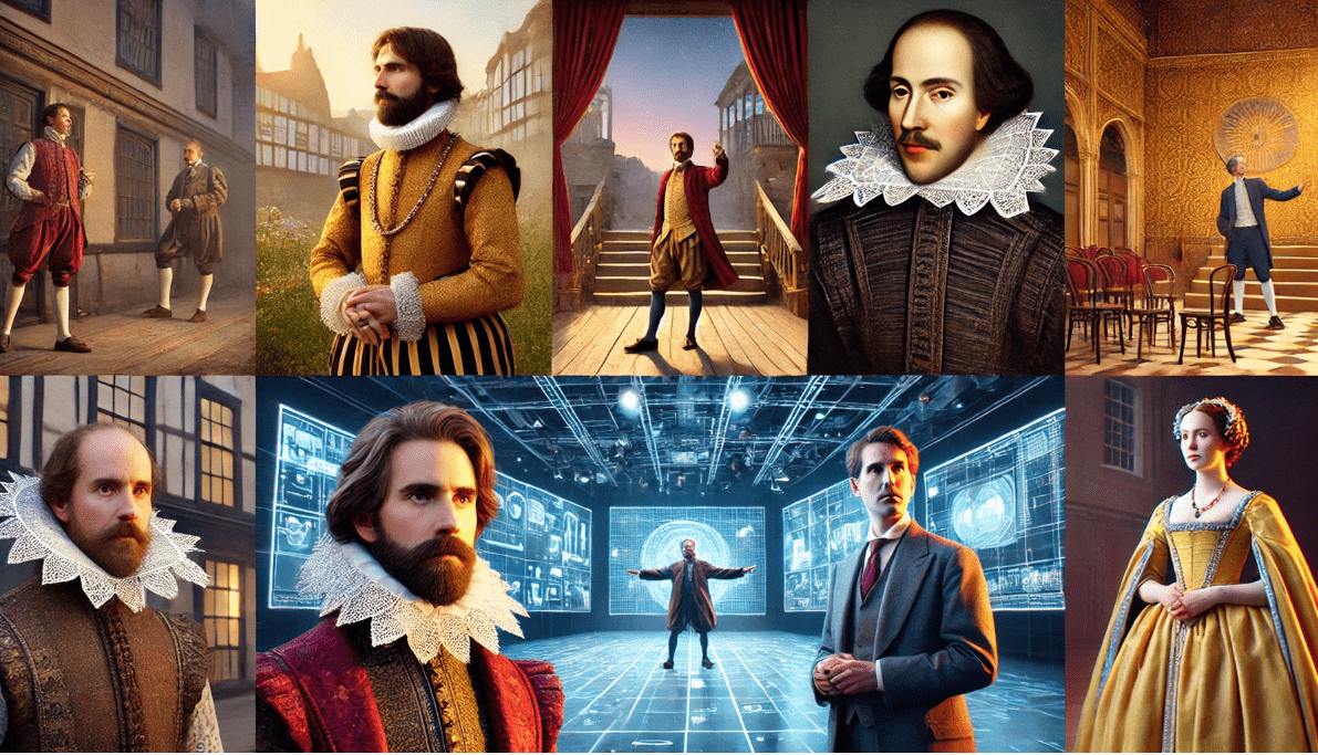 Collage of actors showcasing the evolution of Shakespearean performance styles from Elizabethan, Restoration, 19th-century realism, to contemporary digital theatre.