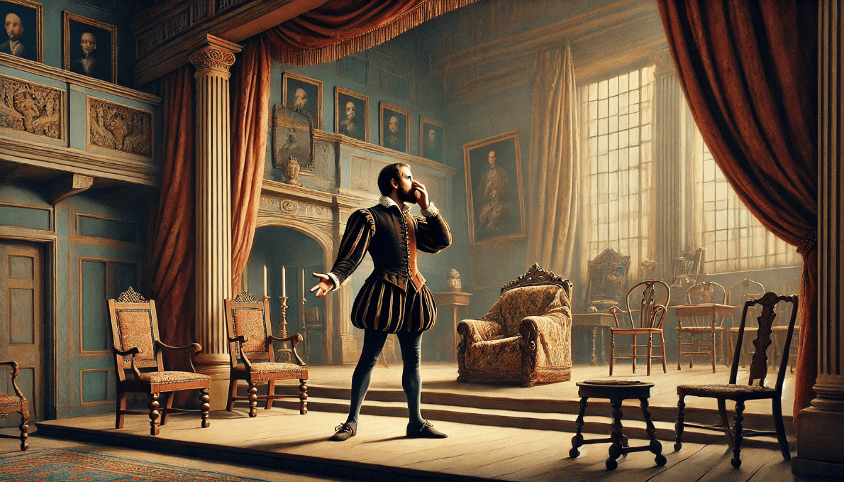 A 19th-century realistic stage design with an actor portraying Hamlet using naturalistic expressions and subtle body language, representing the birth of realism in Shakespearean theatre