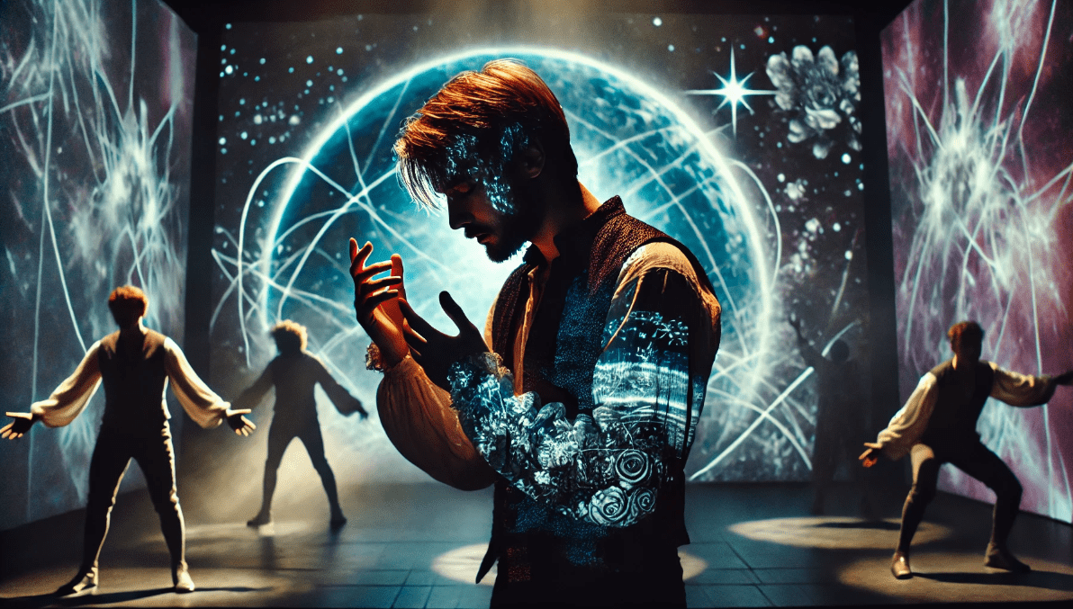 A contemporary Shakespeare performance with digital projections and immersive lighting, showcasing modern acting techniques and technology in a modern theatre setting.
