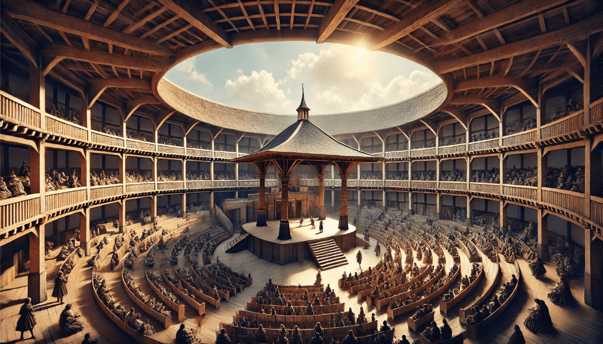 Globe Theatre design with circular layout and thrust stage, illustrating Shakespeare’s impact on theatre architecture