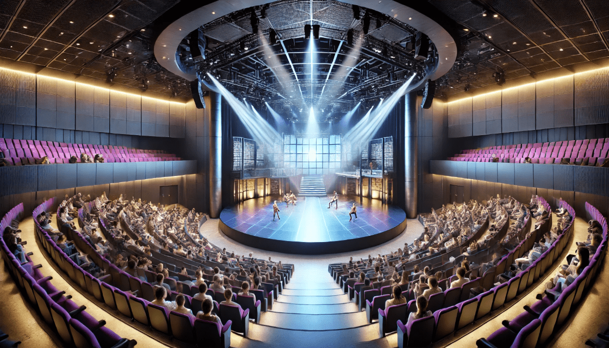 Modern theatre with thrust stage and arena seating, inspired by Shakespeare’s design for greater audience interaction.