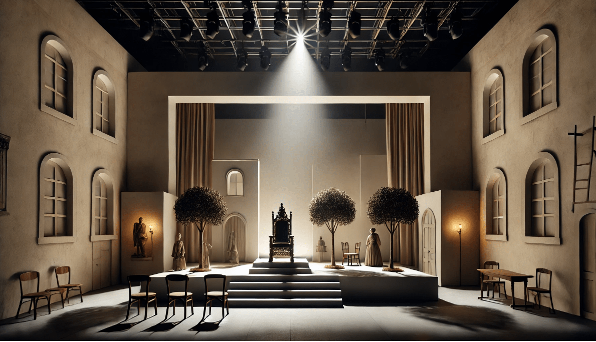 Minimalist stage design with simple props, reflecting Shakespeare’s approach to creating versatile and imaginative scenes.
