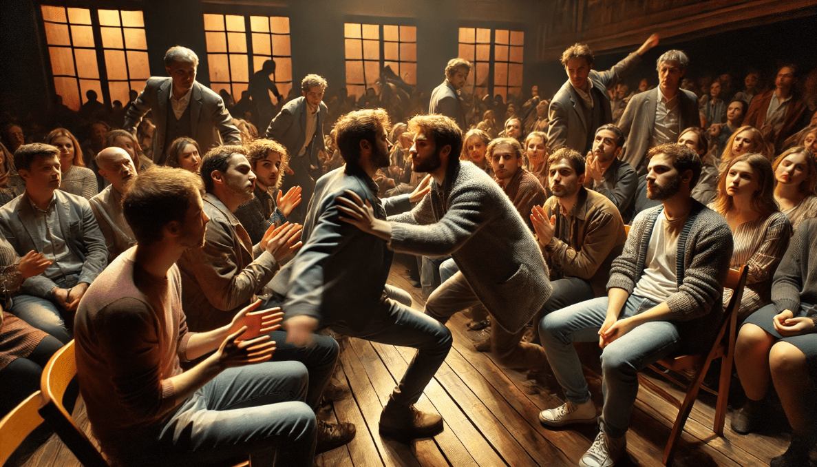 Actors interacting with the audience on stage, showcasing Shakespeare’s immersive approach to audience engagement