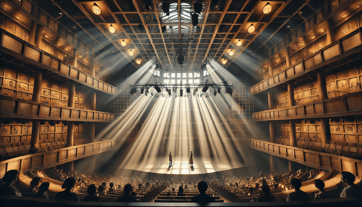 Theatre stage using natural lighting to set the mood, representing Shakespeare’s influence on lighting and acoustics in theatre.