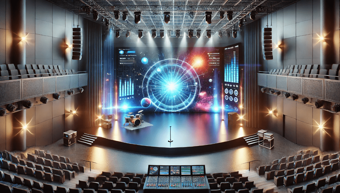 Modern theatre stage with advanced lighting and projections, showcasing how Shakespeare’s influence continues in contemporary stage design
