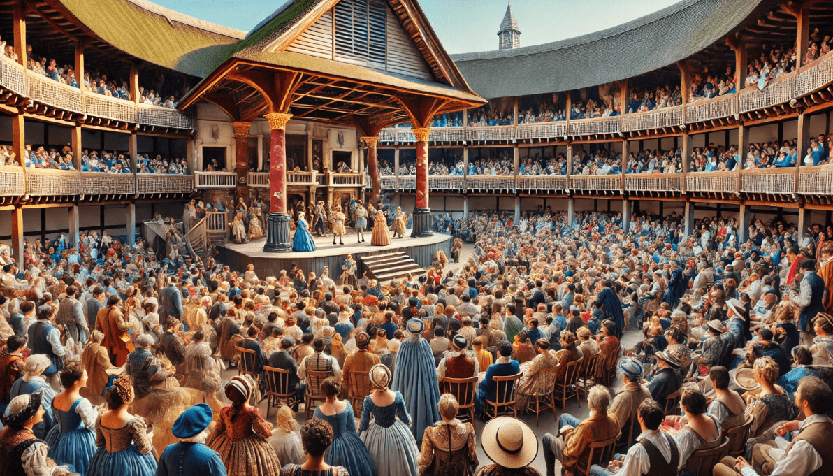 Shakespeare's Globe Theatre performance with actors engaging a diverse audience, showcasing the iconic architecture and vibrant atmosphere of open-air theatre.