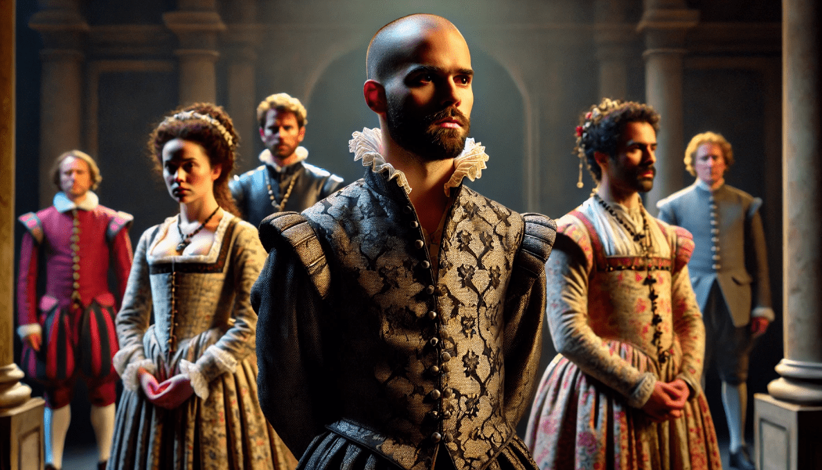 Shakespearean characters Hamlet, Lady Macbeth, and Othello performing on stage, depicting complex emotions of guilt, jealousy, and contemplation in traditional Elizabethan costumes.