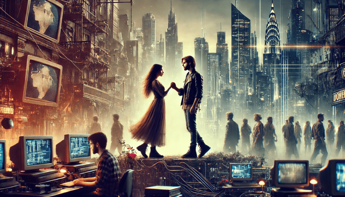 Modern film adaptation of Romeo and Juliet in a contemporary city setting, with characters expressing romantic tension and timeless themes of love and tragedy.