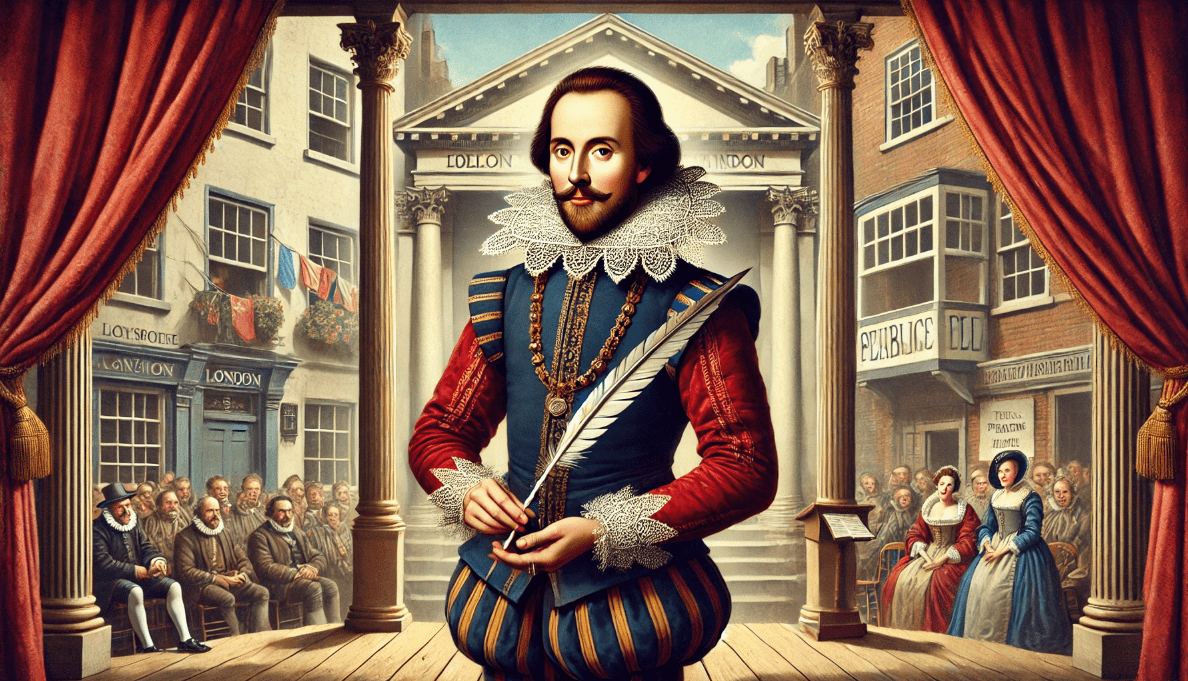 William Shakespeare standing on a 16th-century London stage, dressed in period clothing as both a playwright and actor, holding a quill. The background features a small, bustling public playhouse with a few audience members, reflecting the vibrant energy of his growing popularity in London theatre