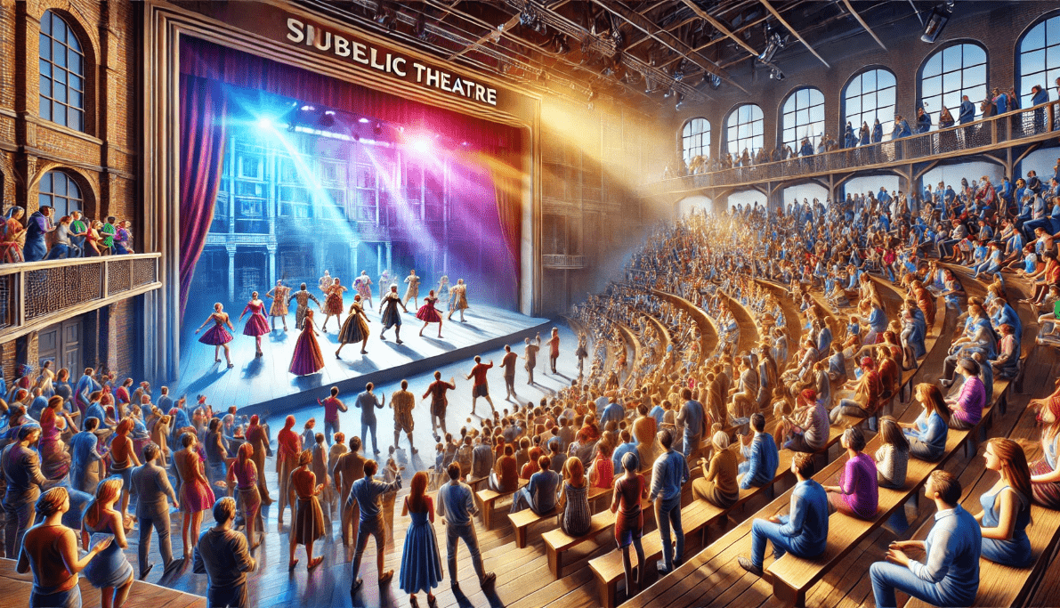 A lively modern theatre performance in a large public venue, with performers engaging directly with a diverse audience