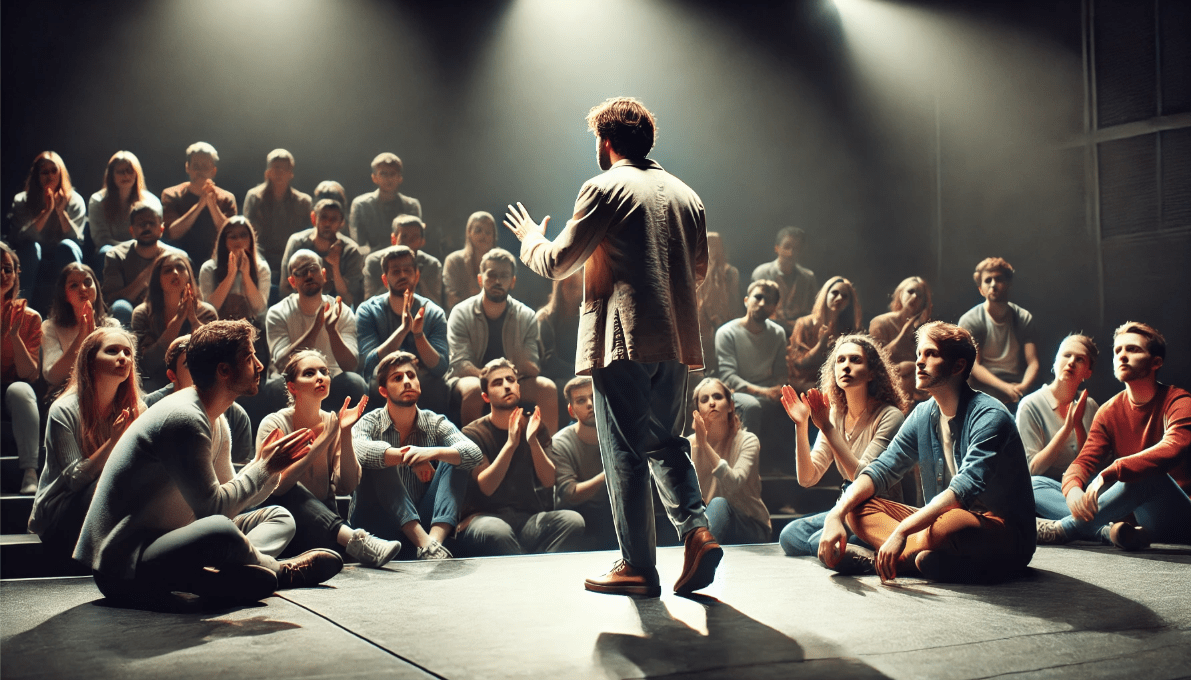 A modern theatre production with an actor breaking the fourth wall, directly engaging with the audience.