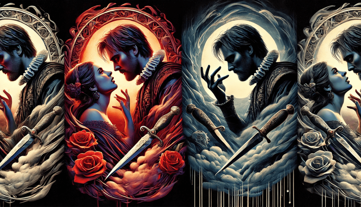 An artistic representation of iconic scenes from Shakespeare's Romeo and Juliet and Macbeth. On one side, Romeo and Juliet share an emotional moment, while on the other, Macbeth holds a dagger, symbolizing his ambition